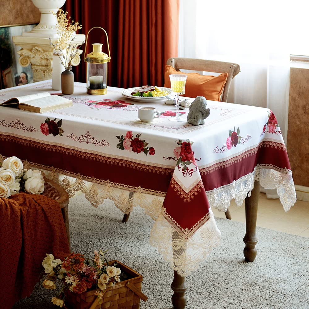 SUTAVIA Lace Embroidered Table Cloth,Rectangular Farmhouse TableCover,Classic Oblong Antique Flower Decor Macrame Tablecloth (Burgundy, Rectangle/Oblong,60 x 104 Inch,8-10 Seats)