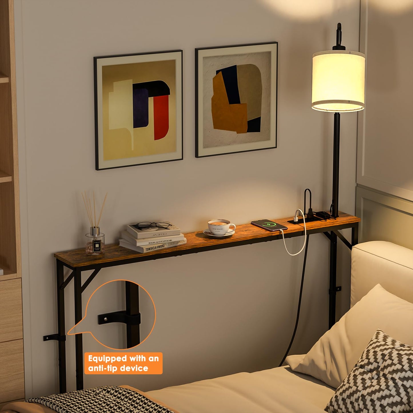 keomaisyto Skinny Console Table with Outlet, Narrow Sofa Table with 3-Color Light, Behind Couch Table with 3 Color Temperatures Led Bulb for Living Room, Bedroom, Entryway, Hallway
