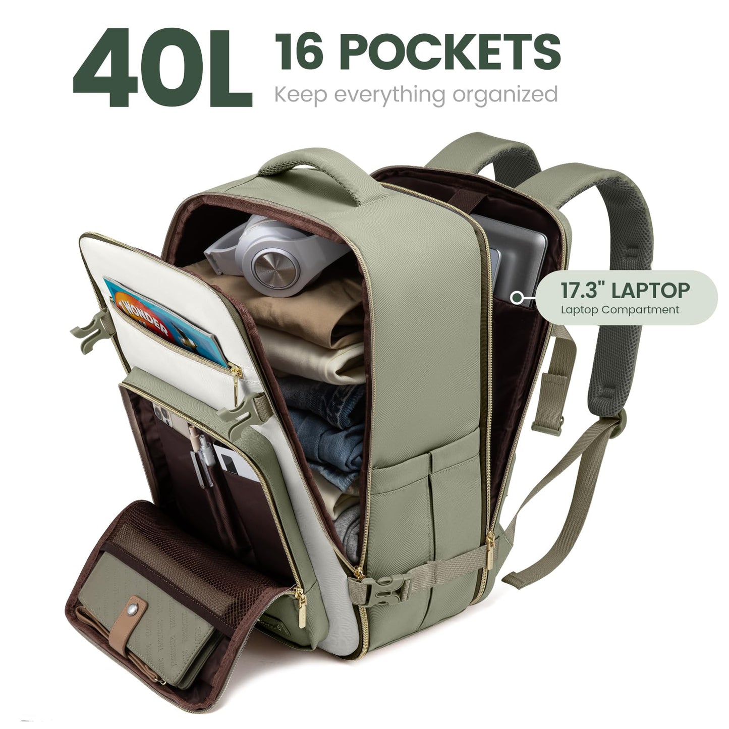 LOVEVOOK Travel Backpack For Women,40L Carry On Backpack Flight Approved,TSA Personal Item Travel Bag Fits 17 Inch Laptop,Business Weekender Overnight Daypack with Back Pad and Chest Buckle,Cubes