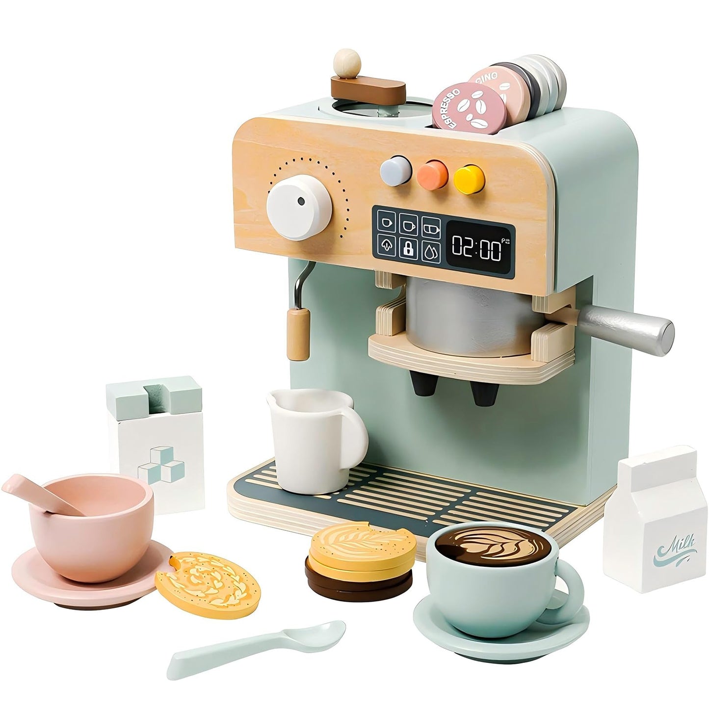 JugueteLand Kids Coffee Maker Playset, 23PCS Wooden Kitchen Toys, Play Kitchen Accessories for Toddler, Espresso Machine Playset Montessori Kitchen Toy, Gift for Boys and Girls 3 4 5 Years