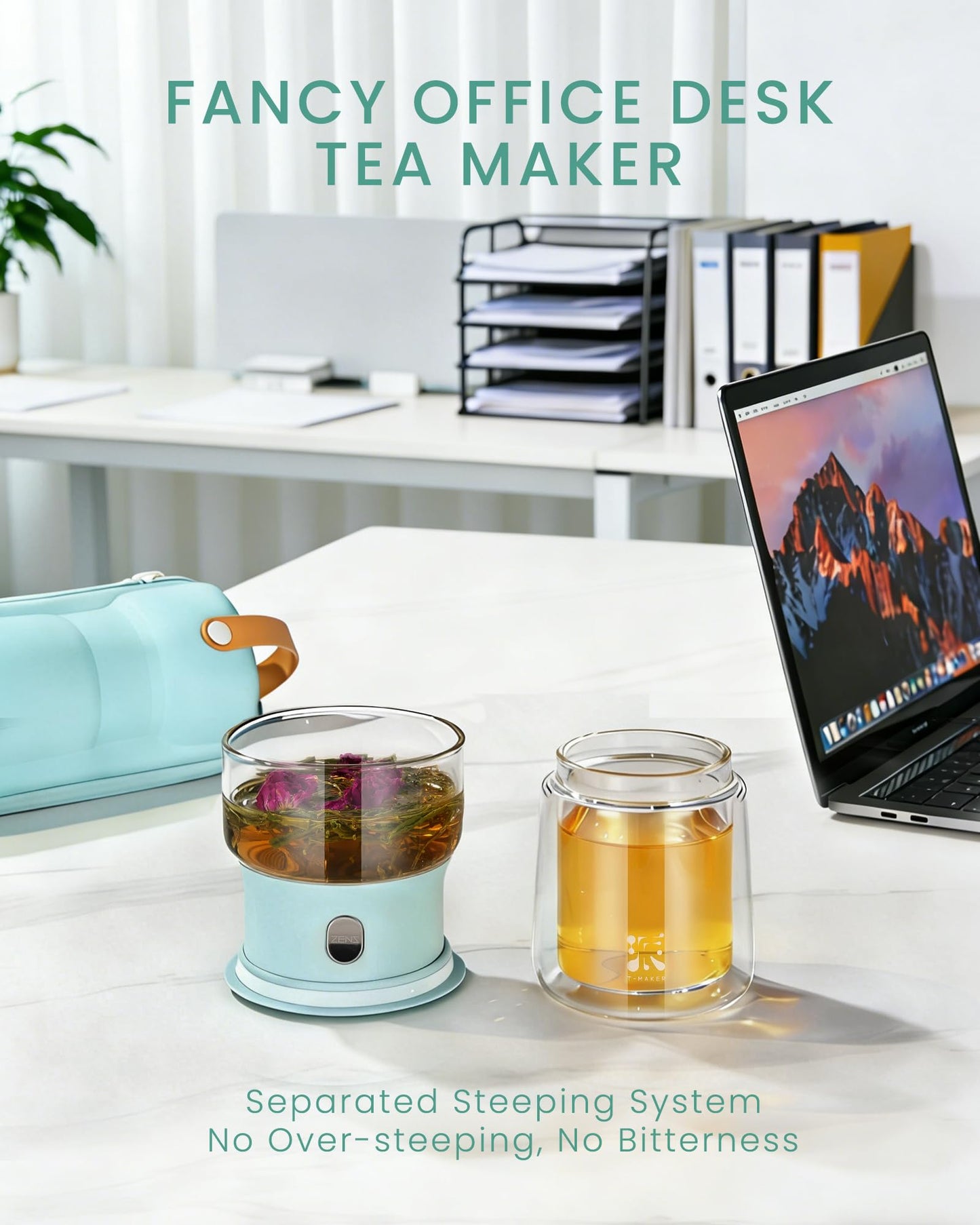 ZENS Modern Glass infuser Teapot, Small One Touch Tea Maker for Loose Tea Diffusers with 200ml Insulated Cup and Blue Portable Carry Case, Magic Gongfu Tea Pot for Tea Lovers Gifts