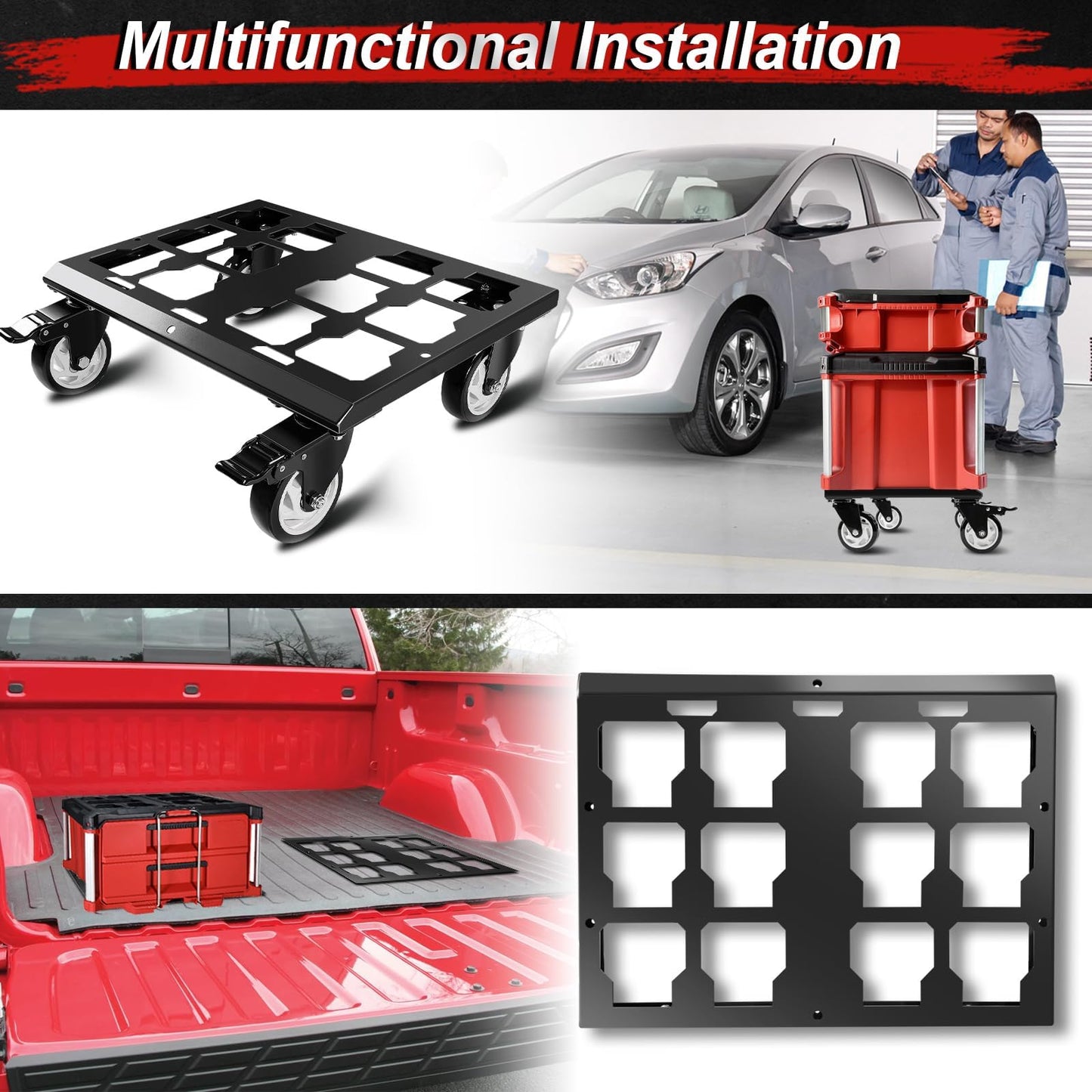 Heavy Duty Tool Box Dolly Compatible with Mil.Waukee Packout Toolboxes, Thickened Carbon Steel Frame and Larger Wheels with Brake System, No Drilling Required, Load-Bearing Capacity Up to 200lb