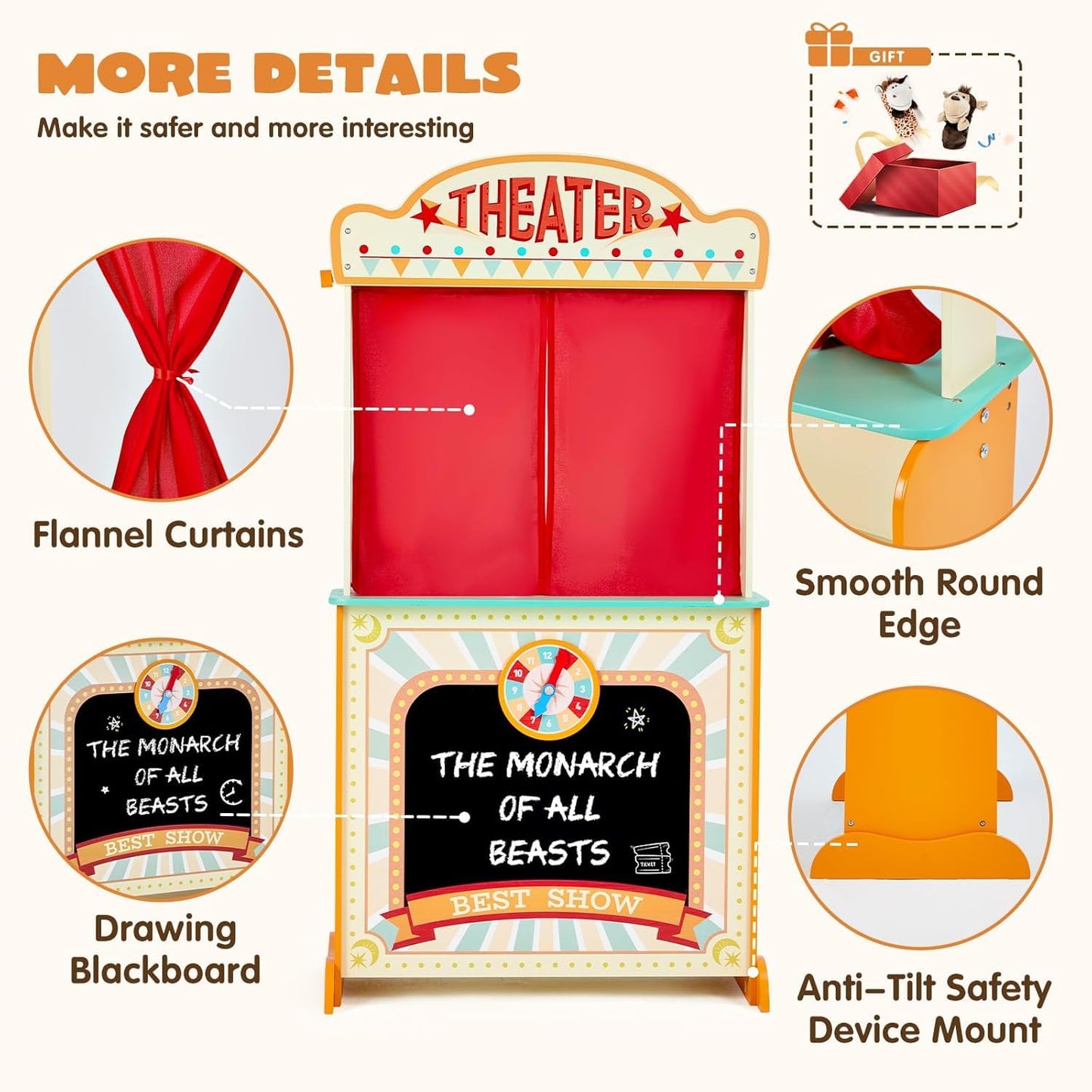 labebe - Deluxe Wooden Puppet Theater Bonus 2 Hand Puppet, ﻿2-in-1 Clock Theater Reversible Play Store, Double-Sided Lemonade Stand, Puppet Show Theater Toy with Chalkboard for Kids 36M+