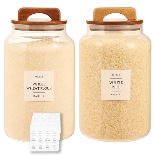CZDYSM 2 Pack Large Glass Flour and Sugar Containers with 132 Pantry Labels - 1 Gallon Glass Canisters with Bamboo Airtight Lids - Farmhouse Glass Cookie Jars for Rice, Pasta, Cereal, Bath Salt