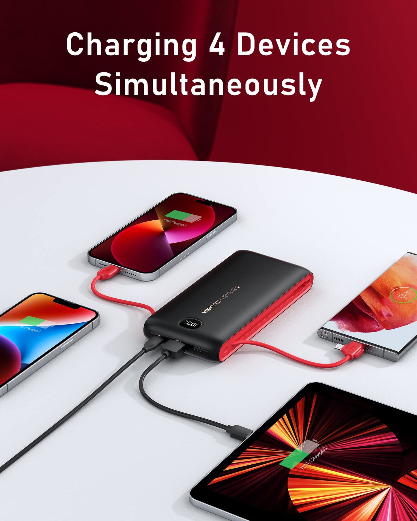 VEEKTOMX Portable Charger with Built in Cables 20000mAh, Power Bank for iPhone with AC Wall Plug, Fast Charging USB C Slim Battery Pack with LED Display Compatible with iPhone15/14/13, Samsung
