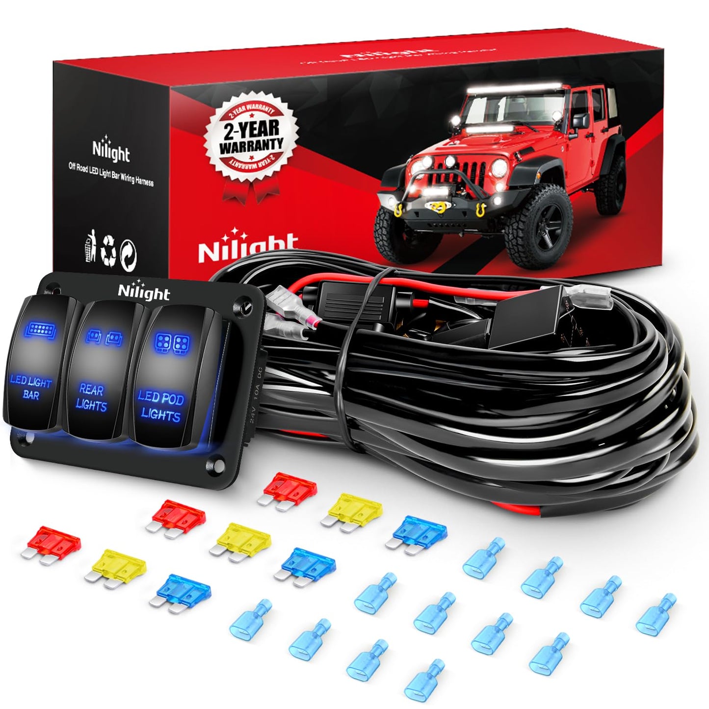 Nilight 16AWG LED Light Bar Wiring Harness Kit 12V On/Off 3 Gang Laser Etched LED Pod Lights Rocker Switch Panel Power Relay Fuse 5Pin Toggle Switch for Cars Boat ATV Trucks-4 Leads, 2 Years Warranty