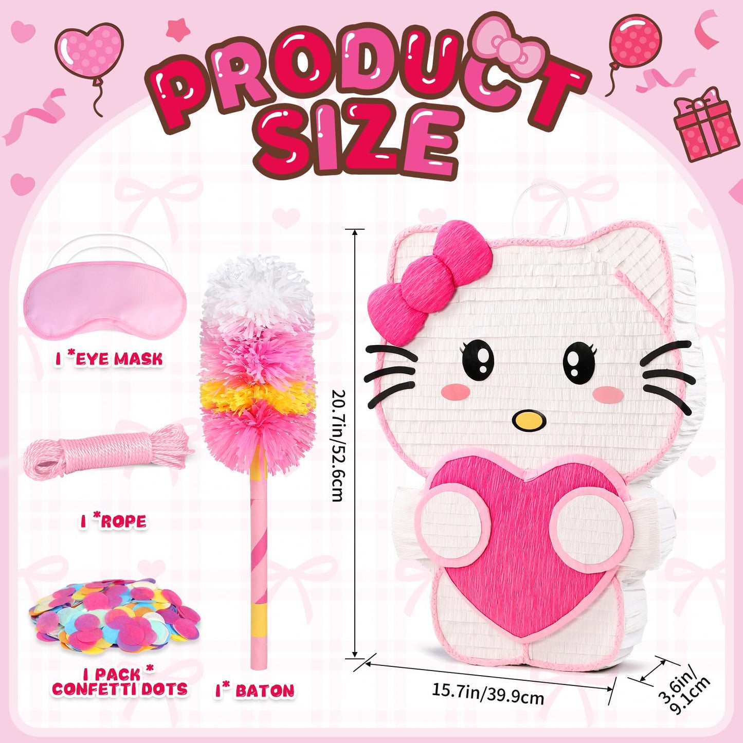 21" Pinata for Birthday Party - 3D Pink Large Piñata, 24" Bat Stick, Eye Mask, Rope - Cute Love Heart Design, Large Party Decoration & Candy Holder for Girls Kids Theme Party, Room Decor & Centerpiece