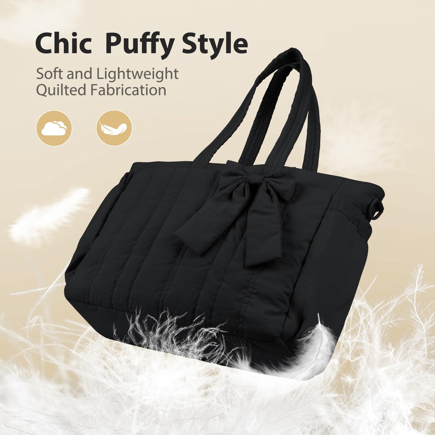 MOSISO Tote Bag for Women, Laptop Bags Handbag Work Tote Bag with Cup Holder & Bownot & 15-16 inch Laptop Compartment for Travel Work School, Lightweight Puffer Tote Bags with Trolley Sleeve, Black