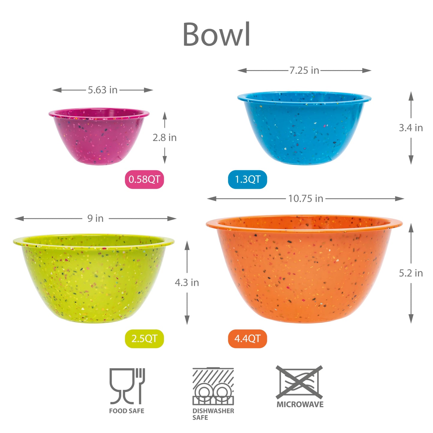 bzyoo Confetti Nesting Mixing Bowls Set - 4-Piece Colorful Kitchen Bowls (18oz, 1.25QT, 2.5QT, 4QT) - BPA-Free, Dishwasher Safe, Space-Saving Design Vibrant Color