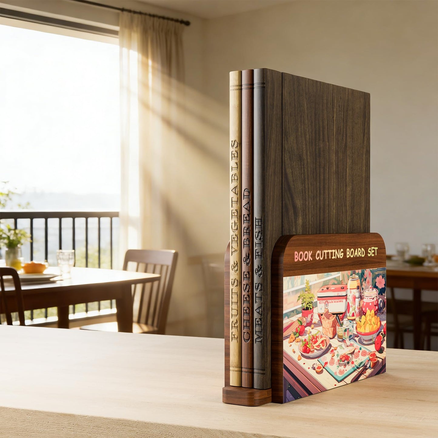 Premium Book Cutting Board Set – Crafted from 100% Black Walnut, Sapele, and Bamboo A Stylish Base With Cartoon Designs | Decorative and Functional Kitchen Essential（Walnut, Sapele, Bamboo）