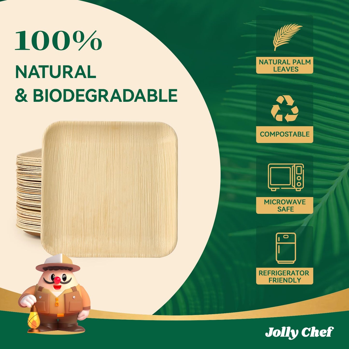 JOLLY CHEF Palm Leaf Plates, 6 Inch 100 Pack Bulk Disposable Like Bamboo Square Plates, Party Compostable Ideal for Dinner, Wedding, Party