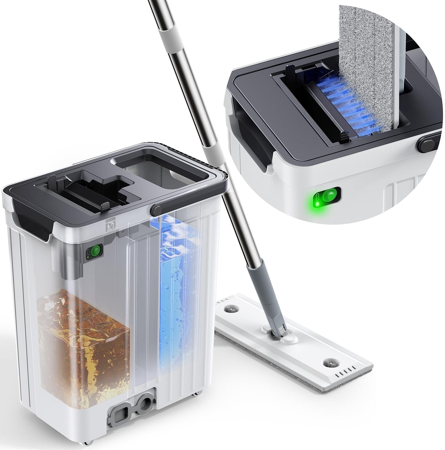 ADICOM Mop and Bucket Set | Auto-Spray Cleaning | Dirty Water Separation Keep Water Fresh | Flat Mop & Bucket with Wringer | 3x Washable Pads | High-efficiency Cleaning for All Floors Tile Wall Window