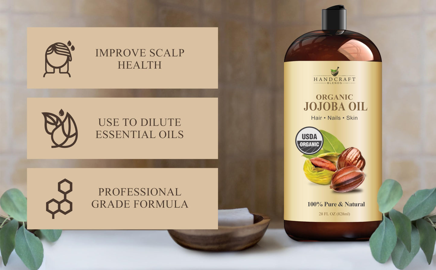 Handcraft Blends USDA Organic Jojoba Oil - Cold-Pressed 28 Fl Oz - 100% Pure and Natural - Premium Grade Carrier Oil for Skin and Hair - Hair and Body - Massage - Hexane-Free