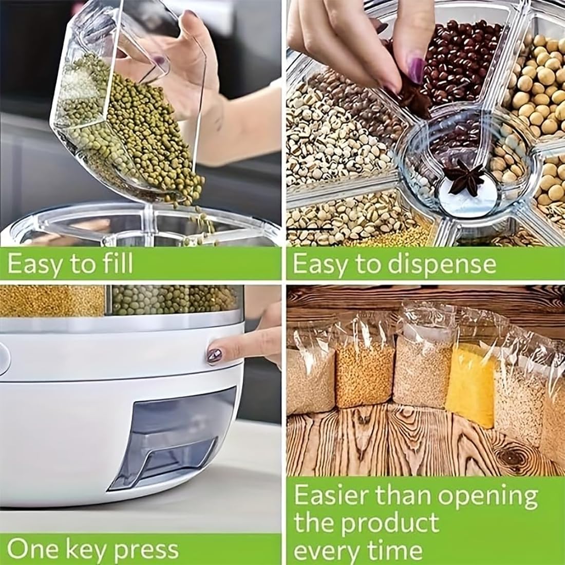 Wnnideo Rotating Grain Storage Bin 6 Grids Rice Container One-Click Output Large Capacity Food Dispenser For Rice Grains Sealed Moisture Proof Organizer (Large) (Grey, Large)