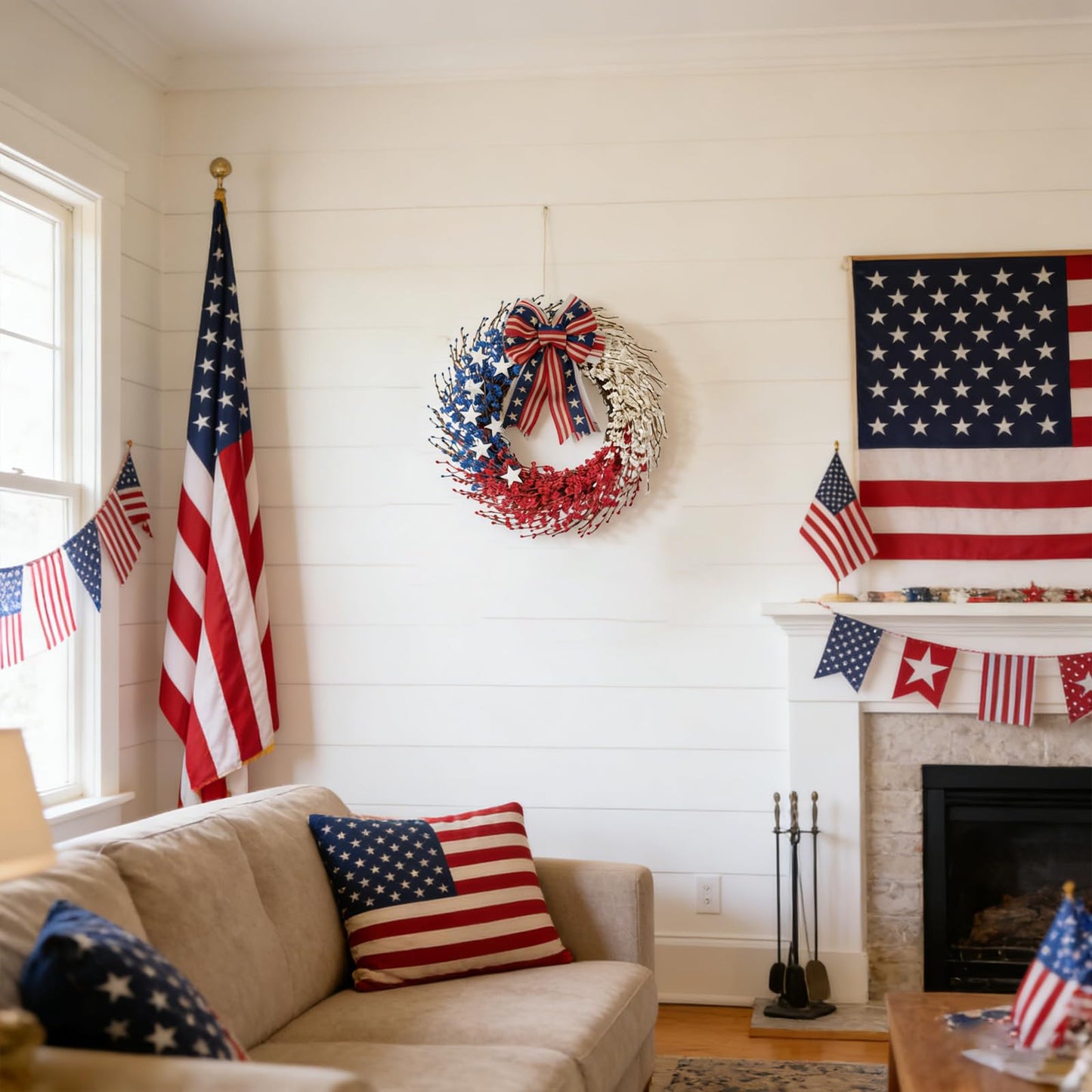 Idyllic 22 Inch Large Patriotic Wreath with Red White Blue PE Ribbons & White Stars - 4th of July Memorial Day Front Door Decor, Outdoor Holiday Wreath