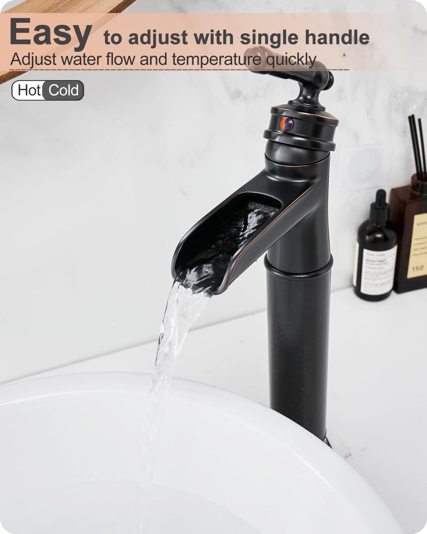 HOIGY Brass Vessel Sink Faucet Oil Rubbed Bronze, Waterfall Tall Bathroom Faucet 1 Hole with Single Handle, Pop-Up Drain & Water Hose for Farmhouse Vanity Restroom Vessel Bowl Sink, 5 Mins Install