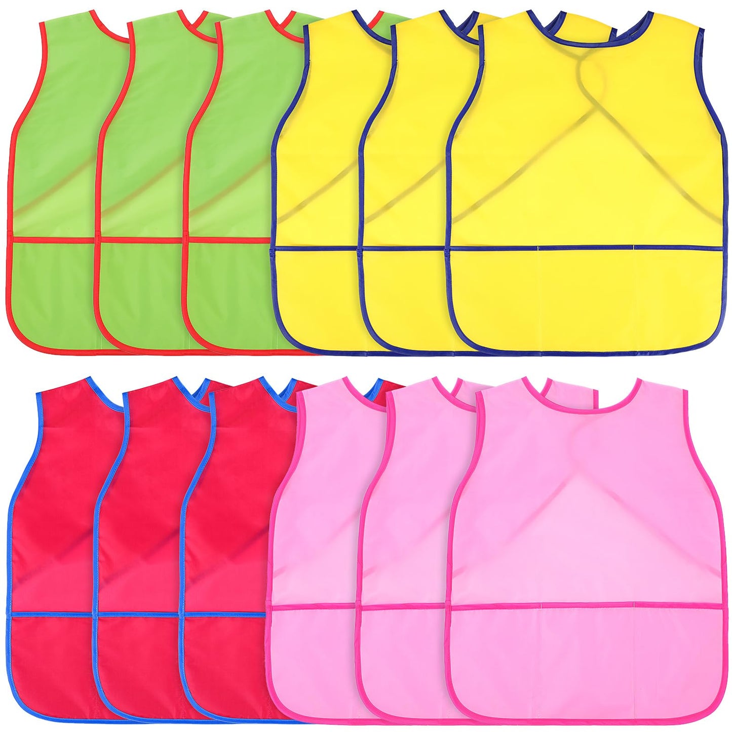 Juinipe 12 Pcs Art Smock for Kids Waterproof Painting Aprons Sleeveless Children with Pockets Age 3 to 8 Paint Craft Activity, Bright color, Único