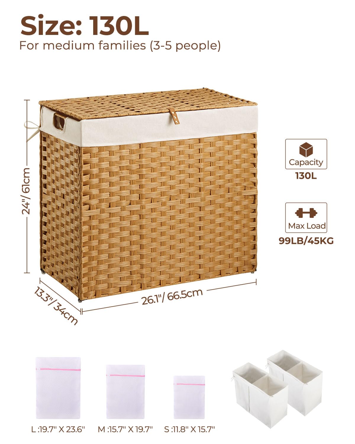 Greenstell Laundry Hamper with lid, No Install Needed, 130L Wicker Laundry Baskets Foldable 2 Removable Liner Bags, 2 Section Clothes Hamper Handwoven Rattan Laundry Basket with Handles, Natural
