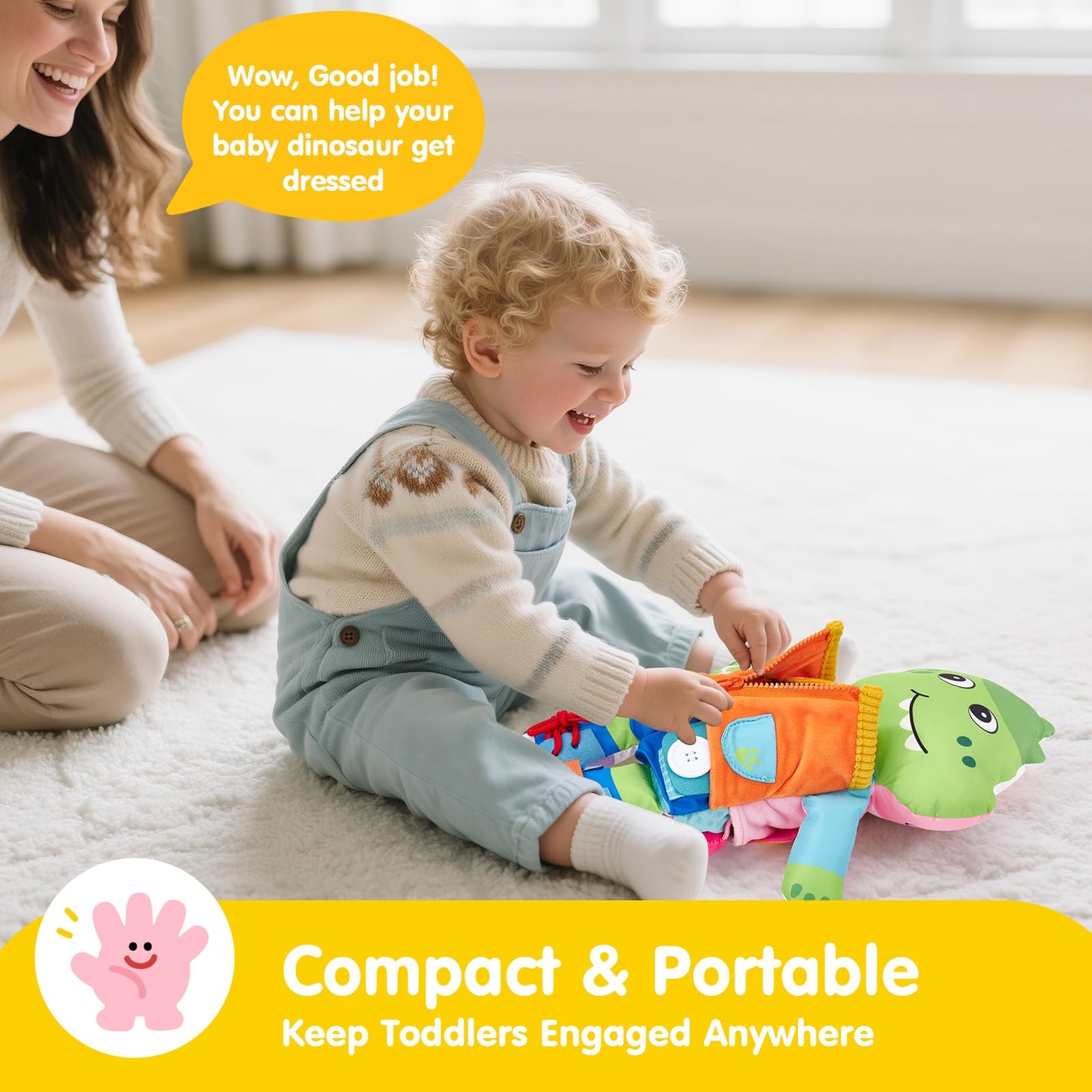 hahaland Montessori 2-in-1 Busy Doll for Toddlers 1-3, Reversible Dinosaur & Unicorn Educational Learn to Dress Doll with 15+ Buckle, Snap & Dressing Skills, Toddler Gifts for 2 Years and Ups