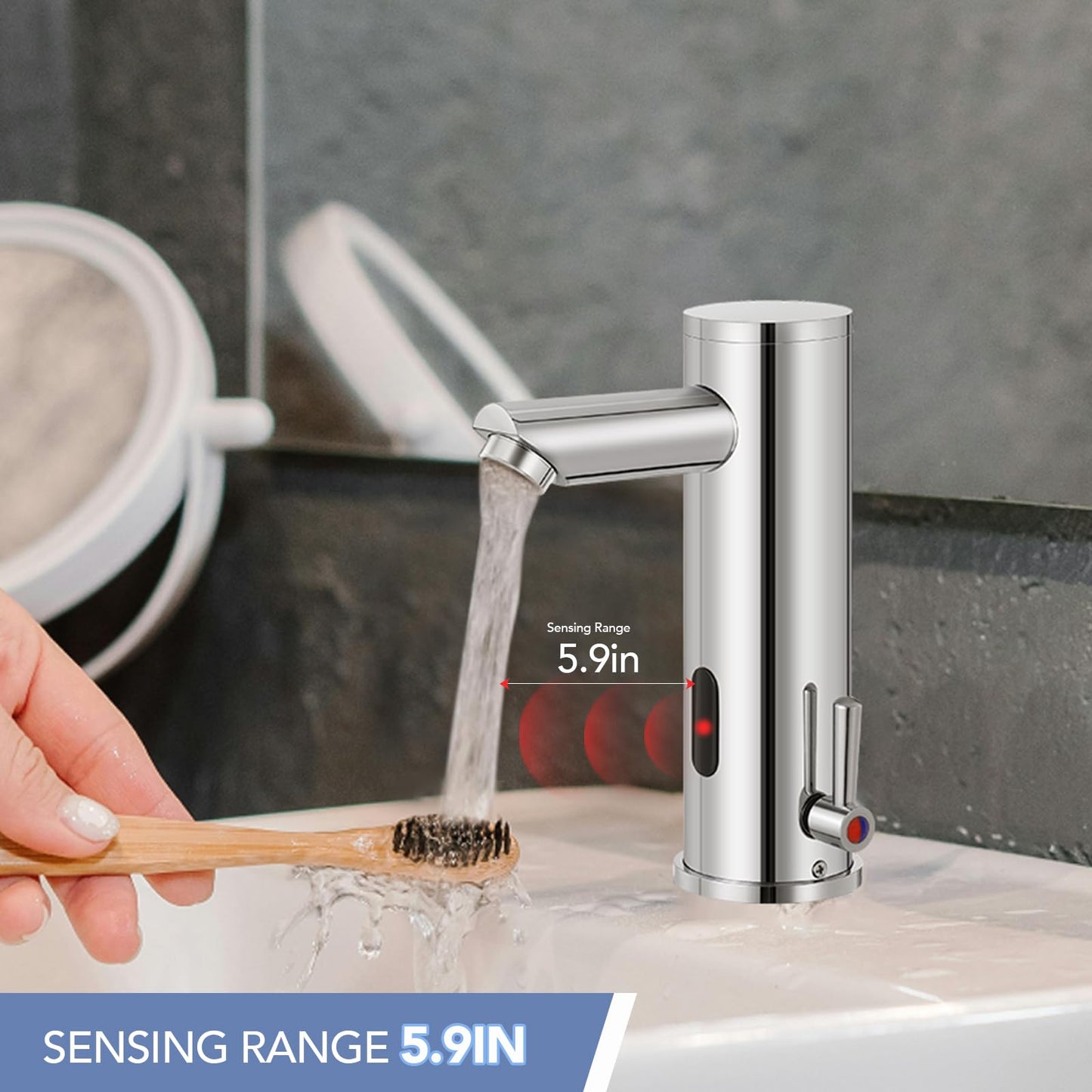 Automatic Touchless Bathroom Sink Faucet Sensor Motion Activated Commercial Hands Free Single Tap Temperature Control Adjustable Handle Auto Basin Brass Faucets for Home Vanity Chrome Polished Finish