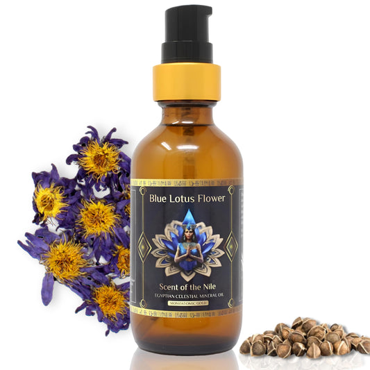 100% Pure Moringa Oil blended with Blue Lotus Flower Essential Oil and Ormus Gold, Premium Pure Moringa Seed Oil for Radiant Skin, Nourishing & Hydrating Face, Hair, Nails, and Body - 2oz. (60ml)