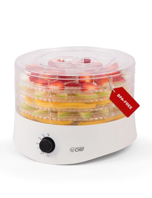 Commercial Chef Food Dehydrator, Five 9.25” BPA-Free Plastic Trays, Dehydrates and Dries Meat, Fruit, Veggies and Jerky, 280W Dehydration Machine, Adjustable Thermostat, CCD100W6, White