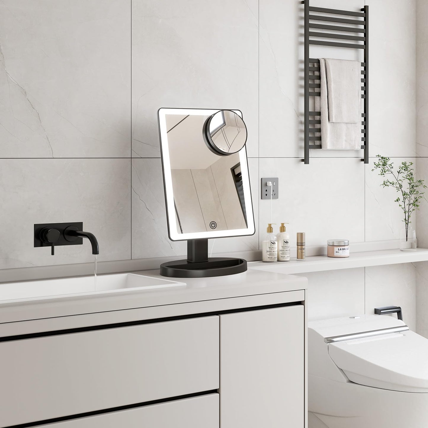 FUNTOUCH Large Lighted Vanity Makeup Mirror with Lights, 3 Color Lighting Modes Light Up Mirror with 88 LED, 360° Rotation Touch Screen and 10X Magnification Tabletop Cosmetic Make Up Mirror (Black)