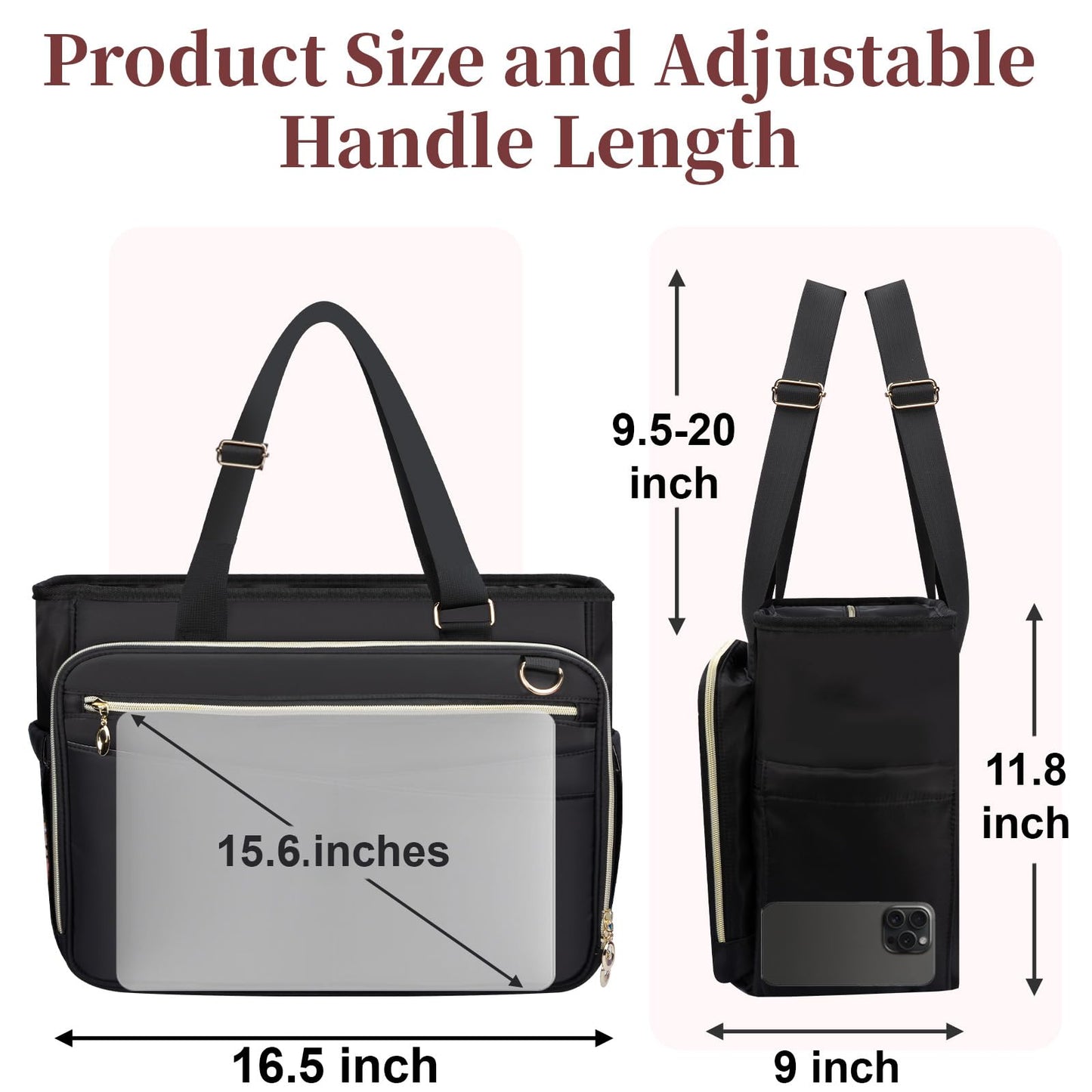 Wigojoy Teacher Bag, Women Work Bags with Foldable Document Pocket, 15.6-inch Laptop Compartment, Adjustable Handle, Support Panel and Insulated Pocket. Fit for Nurse Bag, Work Briefcase or Travel Bag