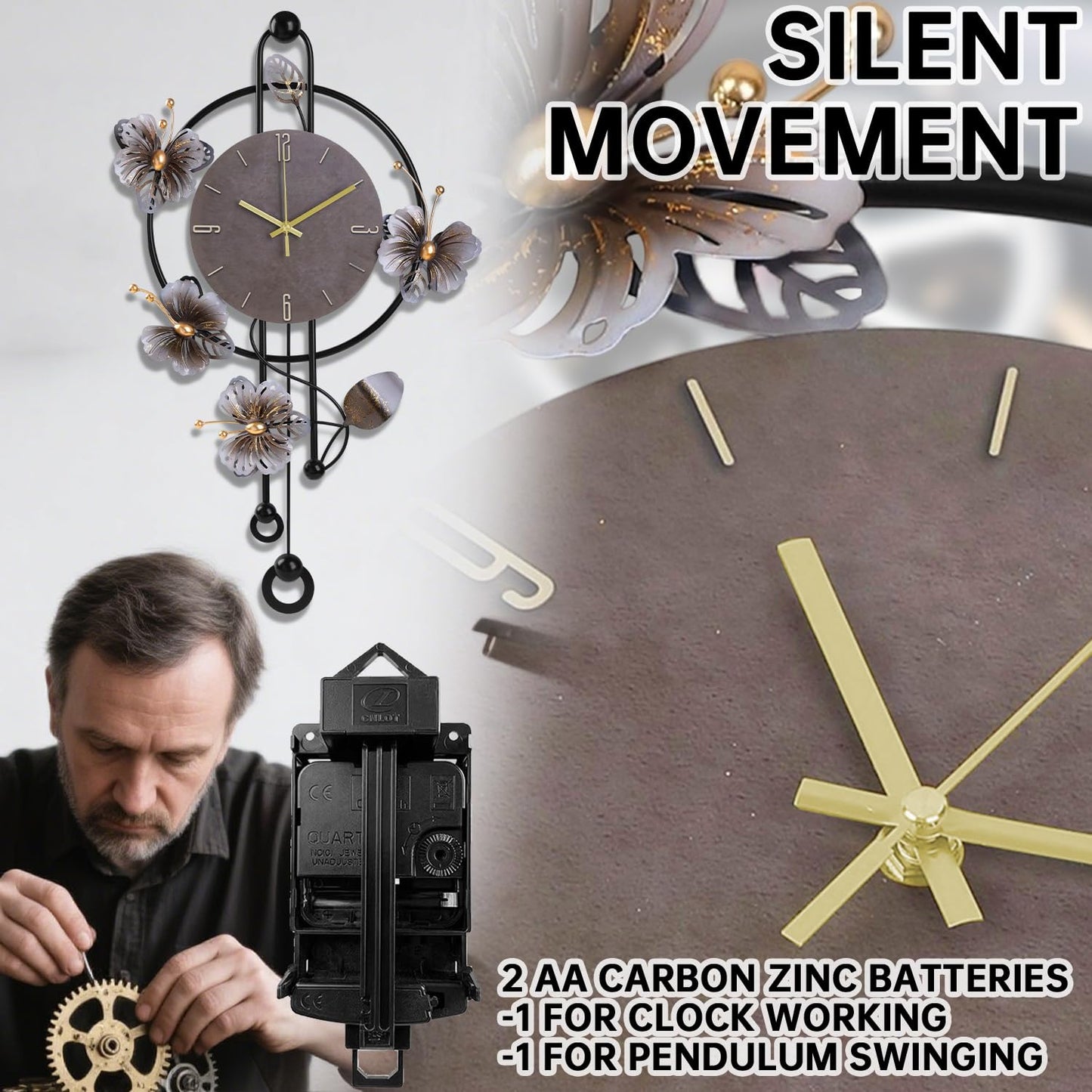 Wall Clock, Silent Quartz Movement Battery Operated with Pendulum, Oversized Metal Modern Large Wall Clocks for Living Room Bedroom Farmhouse Office Kitchen Home Wall Decor-18.8x29.5Inch(Brown)