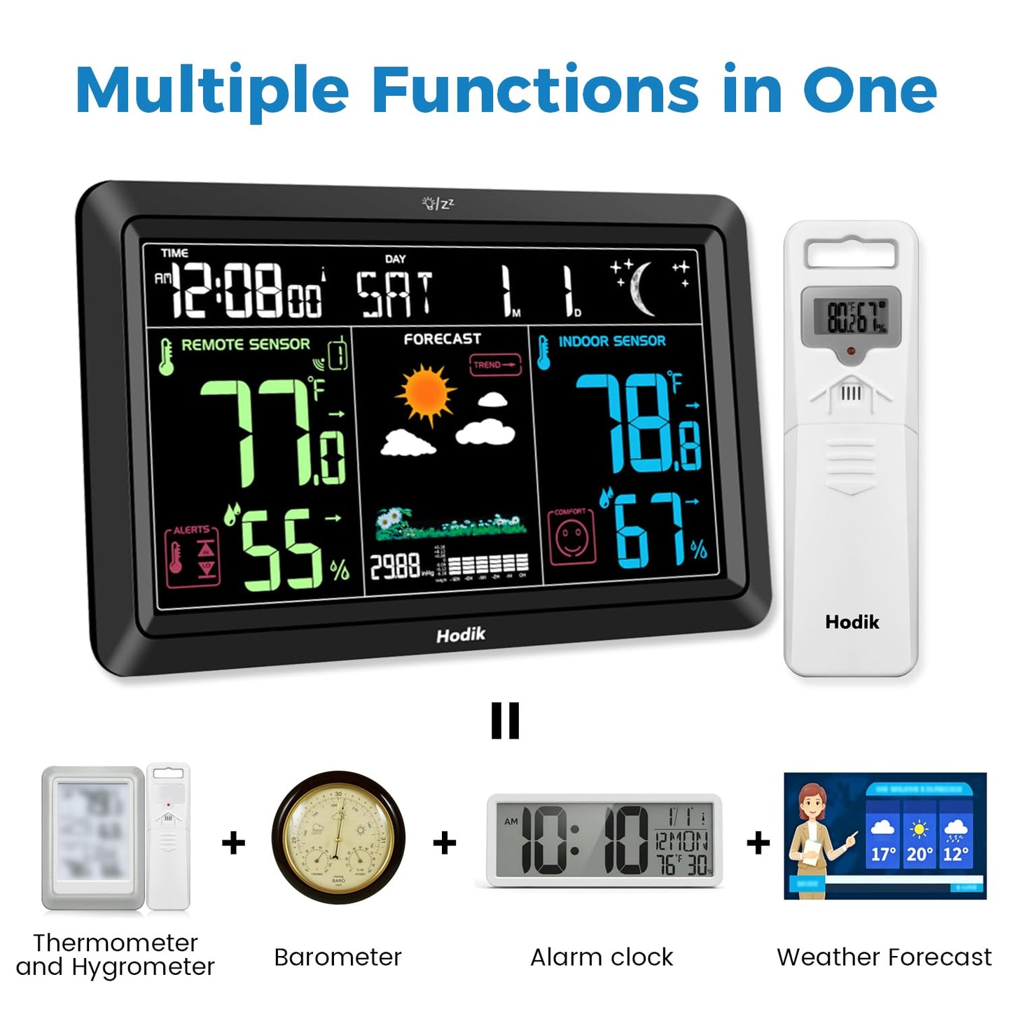 Weather Station Atomic Clock Indoor Outdoor Thermometer Wireless, Barometer Humidity Temperature Monitor Hygrometer with High Precision Sensor Black