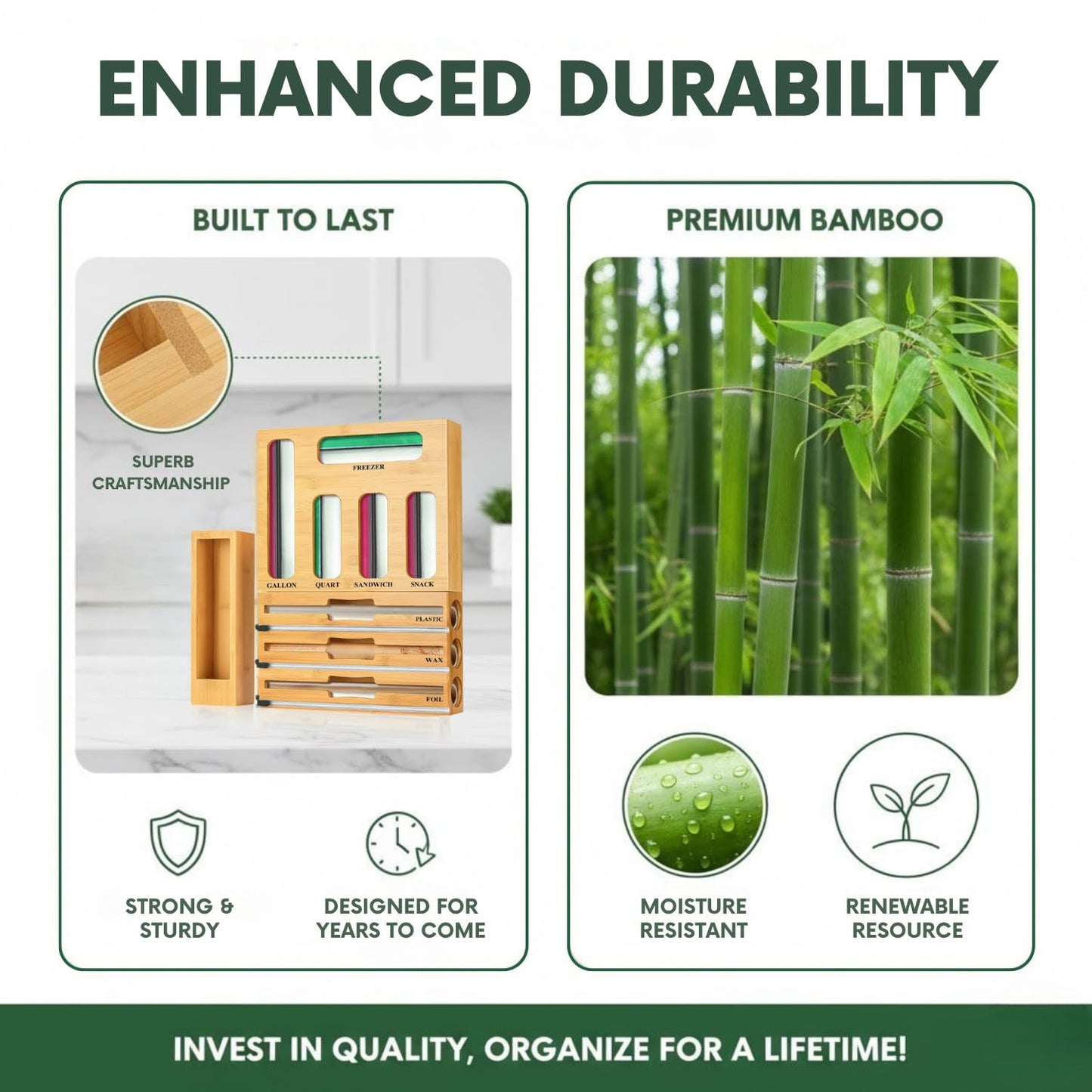 9 in 1 Bamboo Storage Bag Organizer for Kitchen Drawer, Bamboo Kitchen Drawer Organizer with Cutter, Foil and Plastic Wrap Dispenser, Ideal Storage for Gallon, Quart, Sandwich and Snack Bags