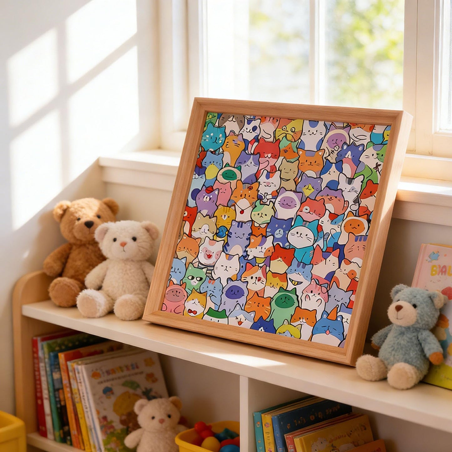 Little Kitties - Wooden Coloring Puzzle, Puzzle/Drawing/Assembly All in One, Wooden Cat Coloring Puzzle Frame, Natural Wood Grain, Equipped Marker Pen