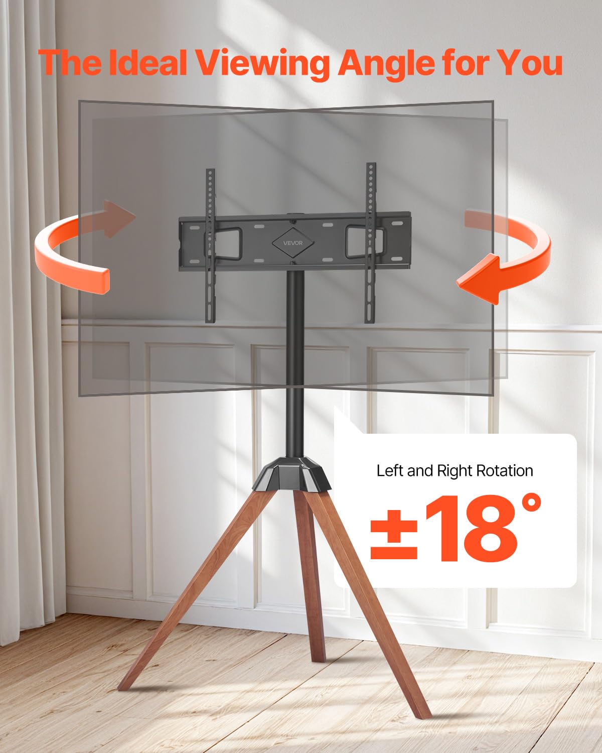 VEVOR Tripod Easel TV Stand, for 40-65 inch Flat Screen/Curved TVs Up to 99 lbs, 18° Left-Right Rotation Portable TV Stand with Oak Wood Legs, for Bedroom, Living Room, Studio, MAX VESA 600 x 400 mm