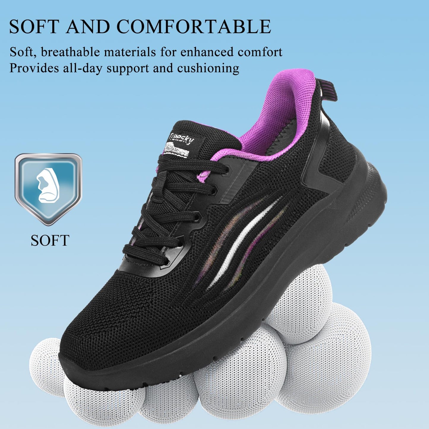 Treesky Non Slip Work Shoes for Women in Food Service - Slip Resistant, Comfortable & Lightweight Sneakers, Suitable for Restaurant, Kitchen & Nursing Crews (Black & Purple, Size 8)