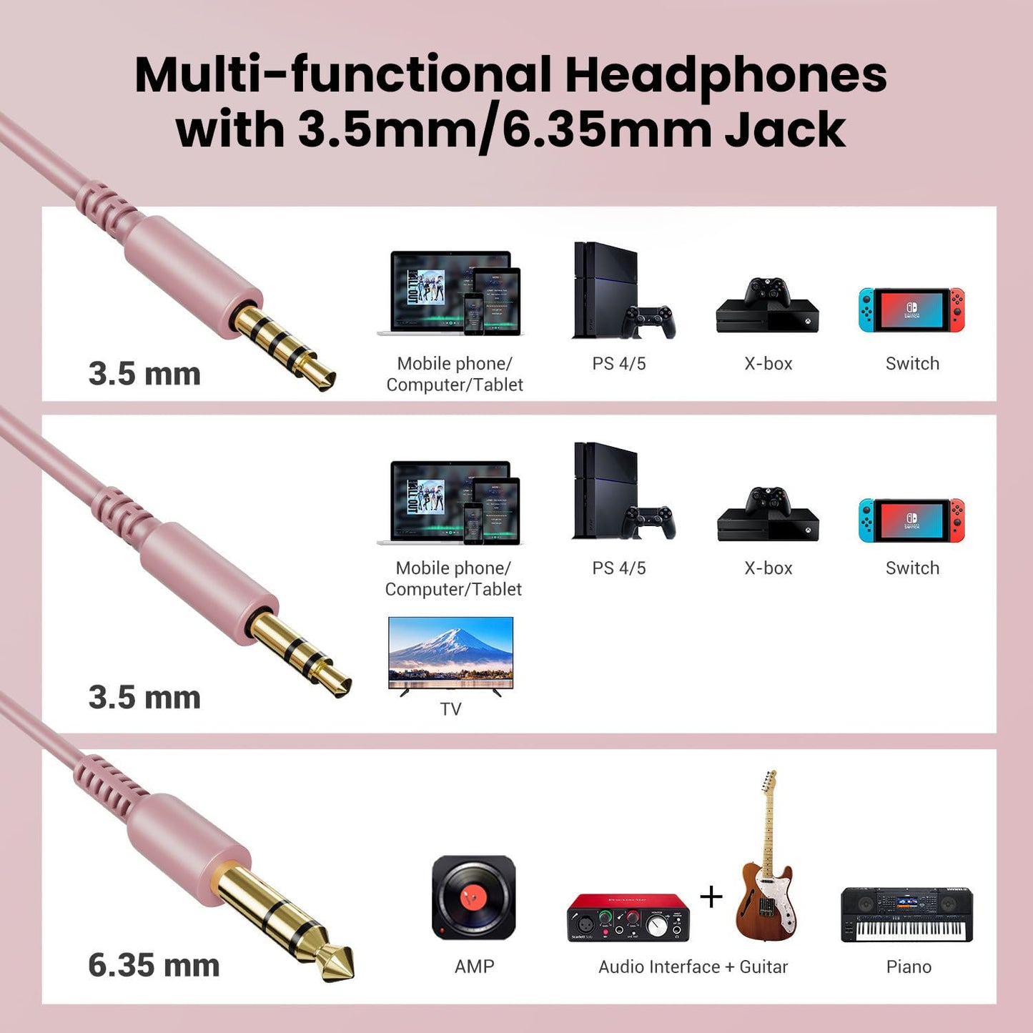 OneOdio Wired Over Ear Headphones Hi-Res Studio Monitor & Mixing DJ Stereo Headsets with 50mm Drivers and 1/4 to 3.5mm Jack for AMP Computer Recording Podcast Keyboard Guitar Laptop - Pink