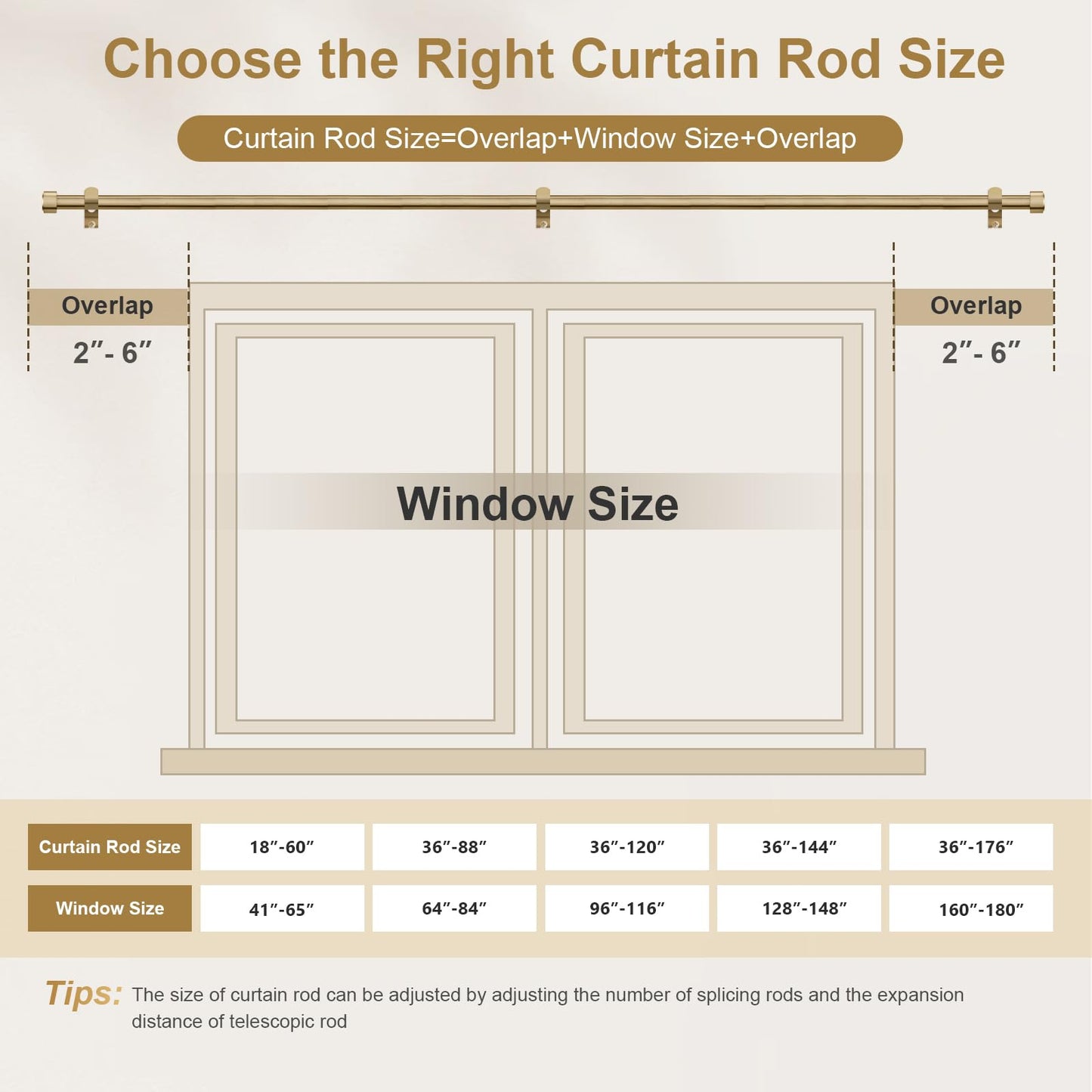 Warm Gold Brass Curtain Rod 36-144 Inches Adjustable, 1" Diameter Heavy Duty Window Rod with Solid Aluminum Finials & Heavy Duty Brackets for Bedroom Living Room Kitchen