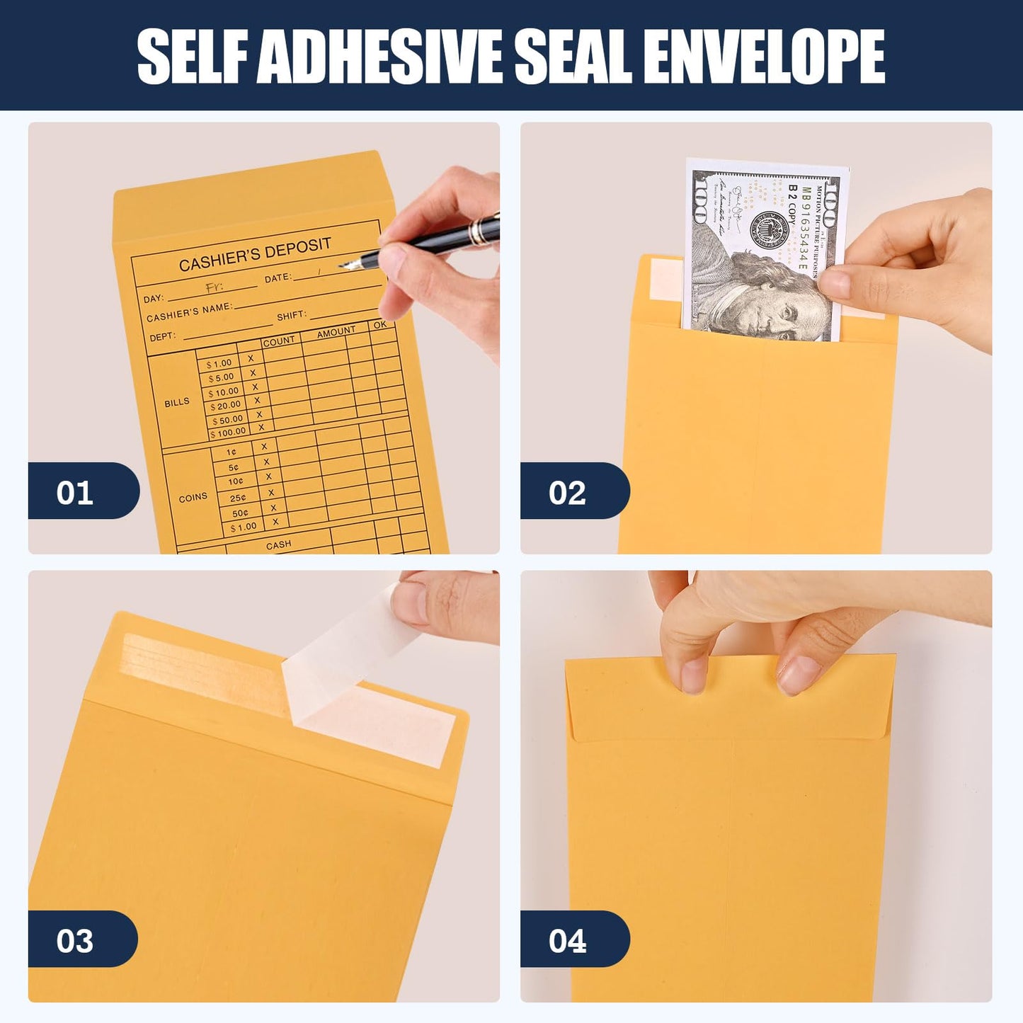 Axzeo #11 Cash Deposit Envelopes, 500-Count Self-Sealing, 28lb Brown Kraft Paper Envelopes for Small Business, Retail, Restaurant