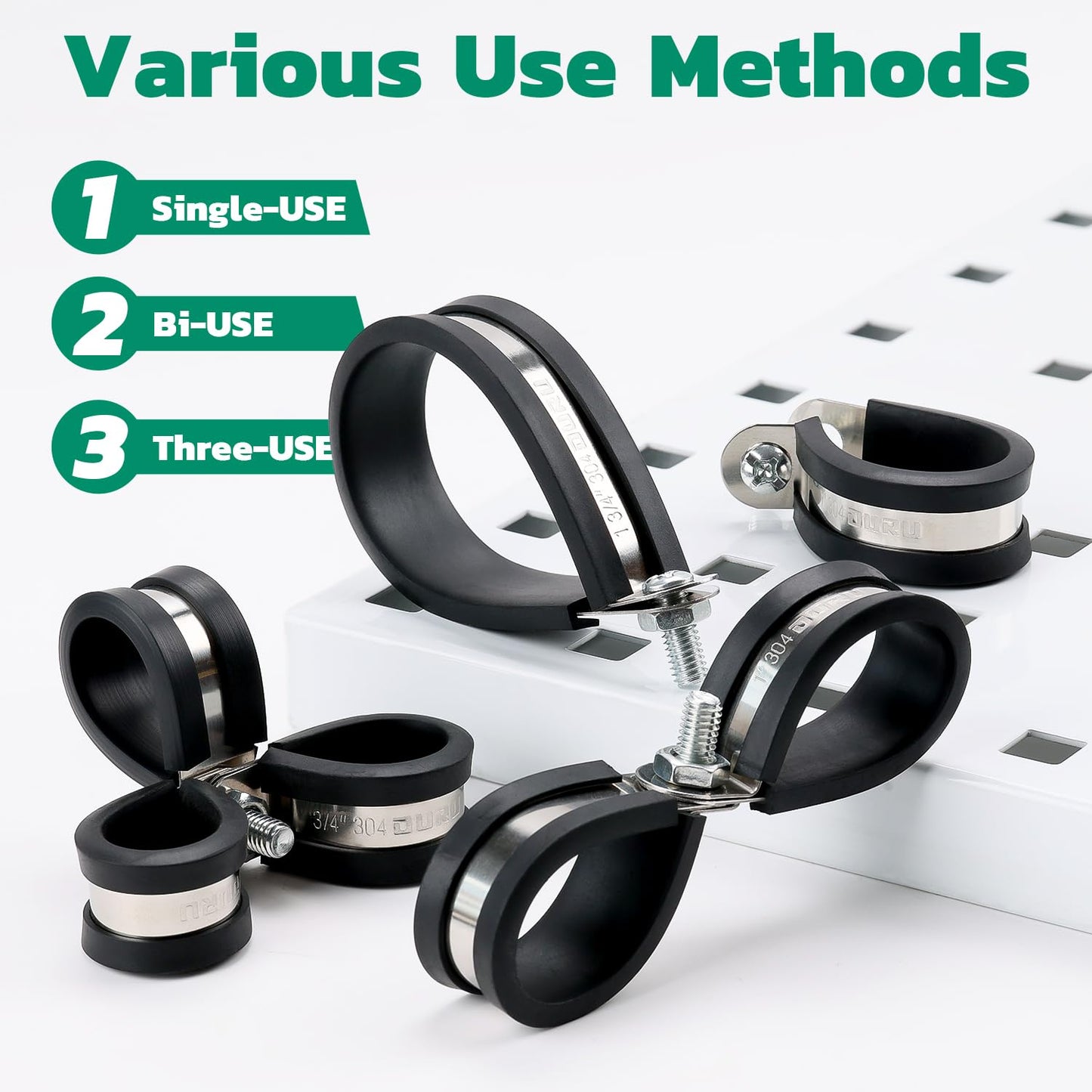 OURU 125PCS Cable Clamp,12 Sizes Stainless Steel Rubber Coated Cushioned Insulated Cable Clamps Assortment Kit-Metal Wire Clamps,Cable Clips,Pipe Clamps