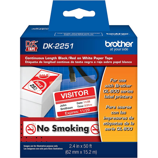 Brother Genuine DK-2251 Continuous Length Replacement Labels, Black/Red Label on White Paper Tape, Engineered with Excellence, 2.4” x 50 feet, 1 Roll per Box