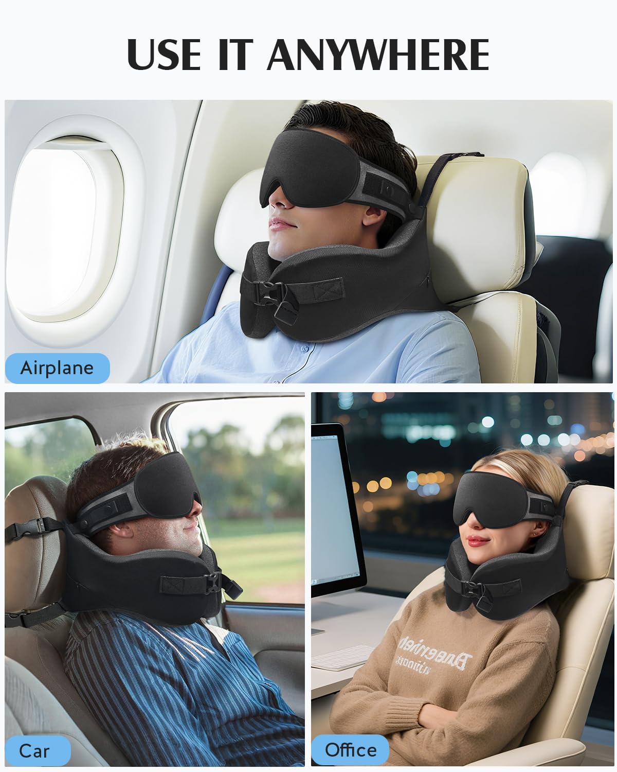 YFONG Travel Pillow for Long Flight Airplane, Head Strap Combo with 3D Contoured Sleep Eye Mask, Neck Pillow for Travel Essential, 360° Support Memory Foam Headrest, Prevent Bobbing, Drawstrap - Black