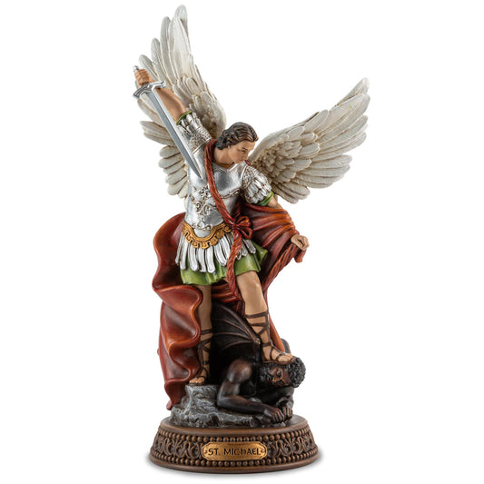 DevotedWalls St Michael The Archangel Painted in Full Color,12" H San Miguel The Great Protector Archangel Statue with Wings,St. Archangel Michael Defecting with Satan on Base with Name Plate