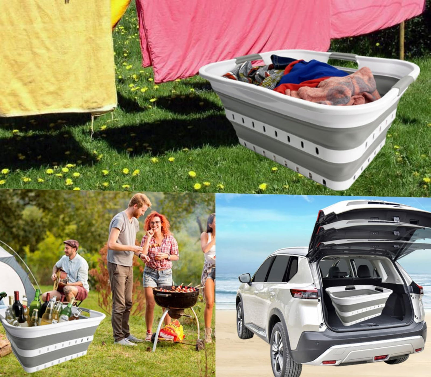 SAMMART 42L (11 gallon) Collapsible Plastic Laundry Basket - Foldable Pop Up Storage Container/Organizer - Space Saving Hamper/Basket (1, Grey/White)