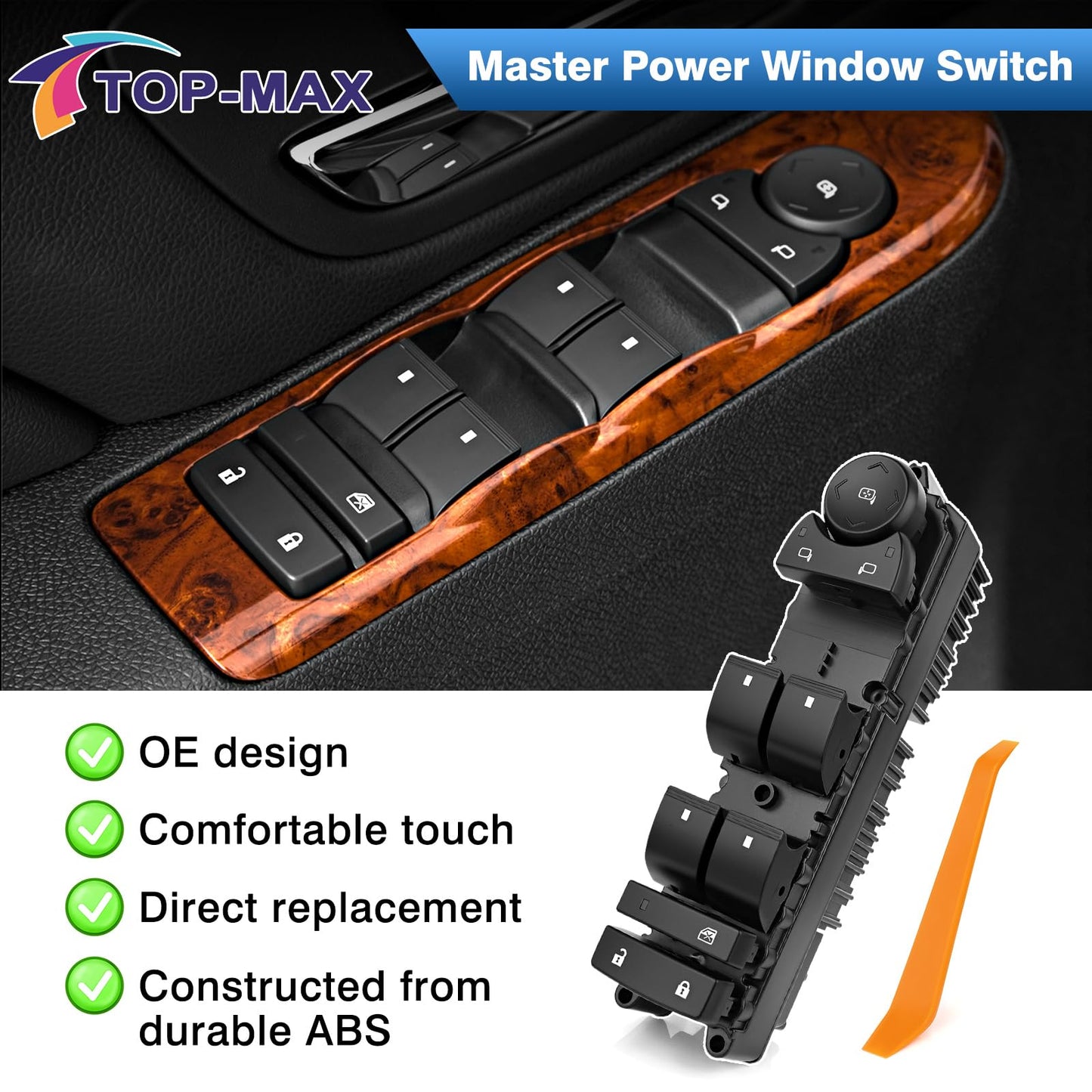 TOP-MAX 20835552 Master Power Window Switch Driver Side Compatible with 2007-2013 Chevrolet Silverado, Avalanche, 2007-2014 Suburban, Tahoe, Sierra, Yukon Without Power Folding Mirrors, OE# 20835552