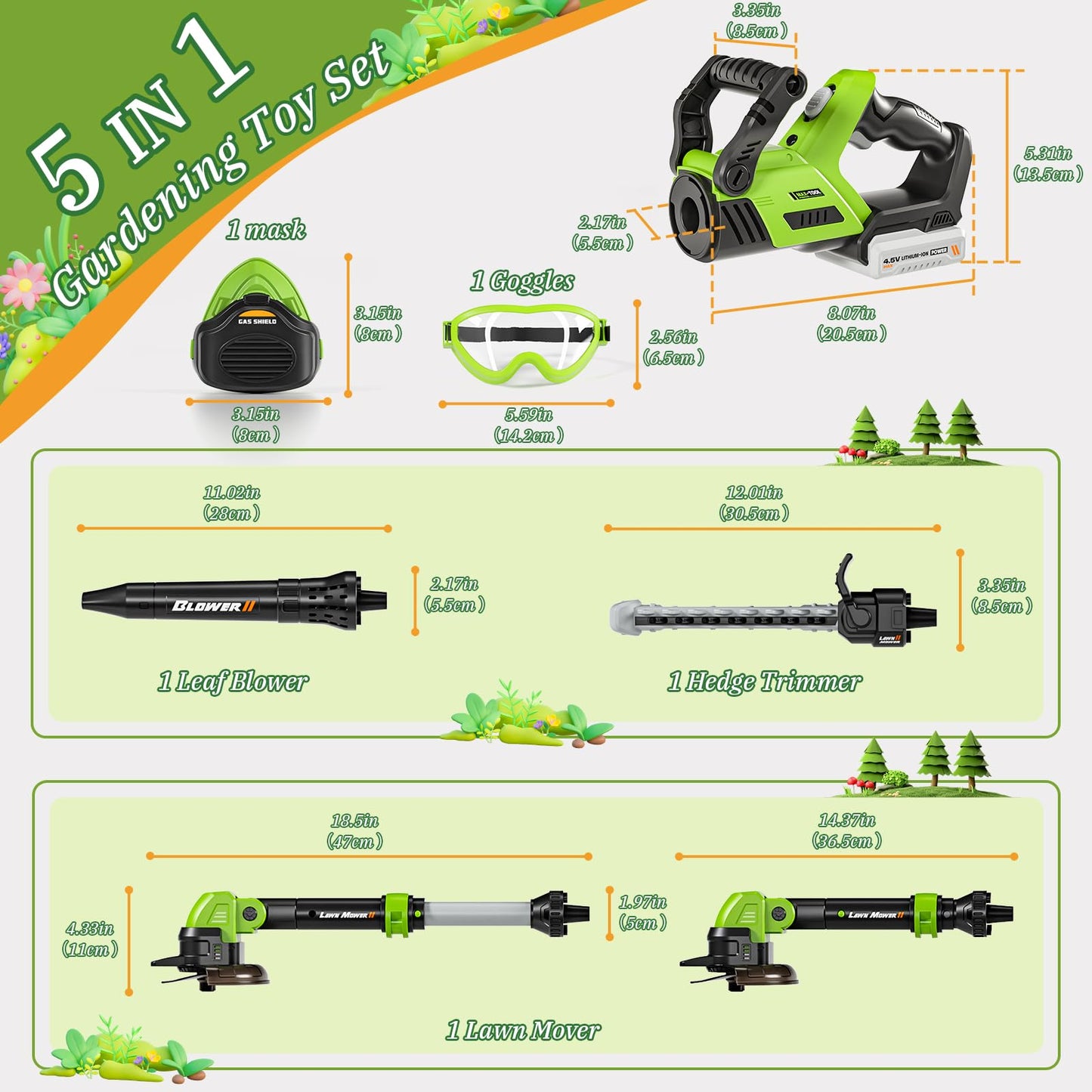MUZREES Kids Tool Set, 3 in 1 Garden Tools for Toddlers with Sounds and Lights, Volume Control, Toy Grass Trimmer, Leaf Blower and Hedge Trimmer, Toy Garden Tools for Outdoor