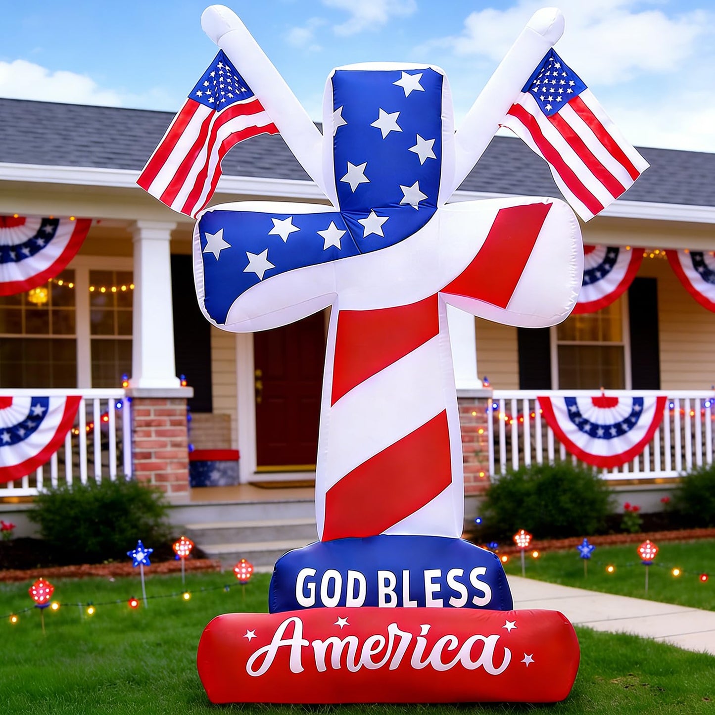 DomKom 6FT Patriotic Independence Day 4th of July Memorial Day Inflatable Outdoor Decoration, Cross with American Flags, LED Lights Holiday Blow Up for Fourth of July Party Garden Yard Lawn Decor