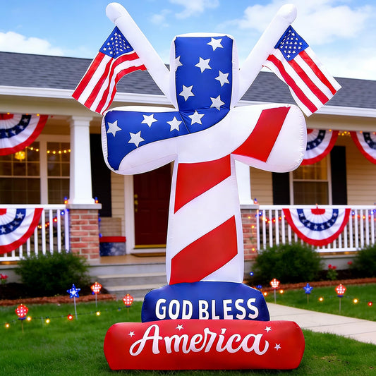 DomKom 6FT Patriotic Independence Day 4th of July Memorial Day Inflatable Outdoor Decoration, Cross with American Flags, LED Lights Holiday Blow Up for Fourth of July Party Garden Yard Lawn Decor