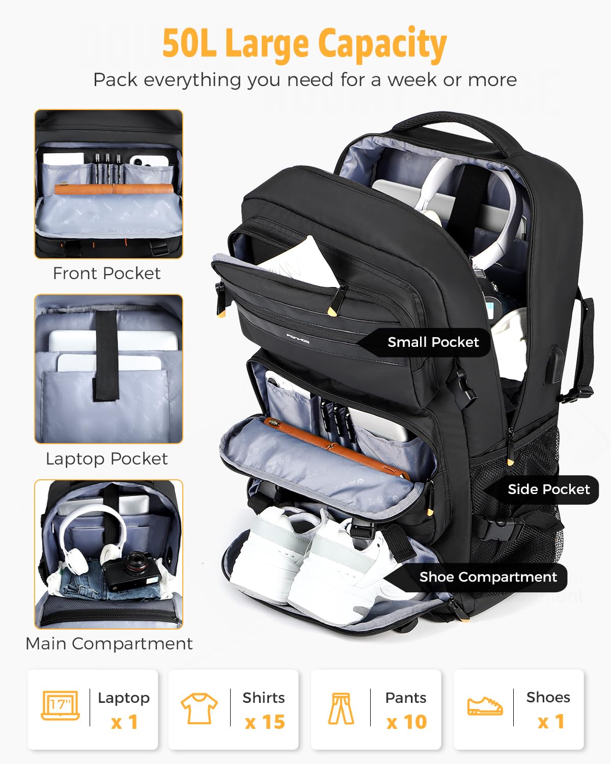 Ponhog Travel Backpack for Men, 50L Carry On Flight Approved Convertible Duffle Bag with Shoe Compartment, 17 inch Laptop Luggage with USB Charging Port for Weekender Hiking, Black