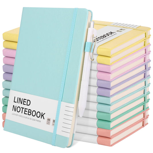 Aodaer 12 Set Lined Notebook Journals with Pens A5 Notebooks 100 GSM College Ruled Hardcover Notebook PU Leather Notepad with Pen Holder for Office School, 5.7 x 8.3 Inches, Light Multicolor