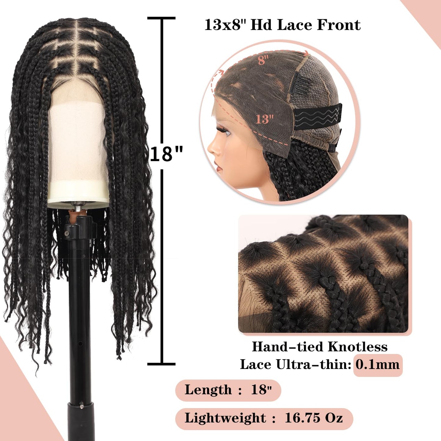 Lexqui 18" Short Boho Braided Wigs for Women 13x8 Inch Hd Lace Front Box Braid Wig Bob Knotless Braided Wigs with Curly End Braided Lace Front Wig Human Hair Blended Natural Black