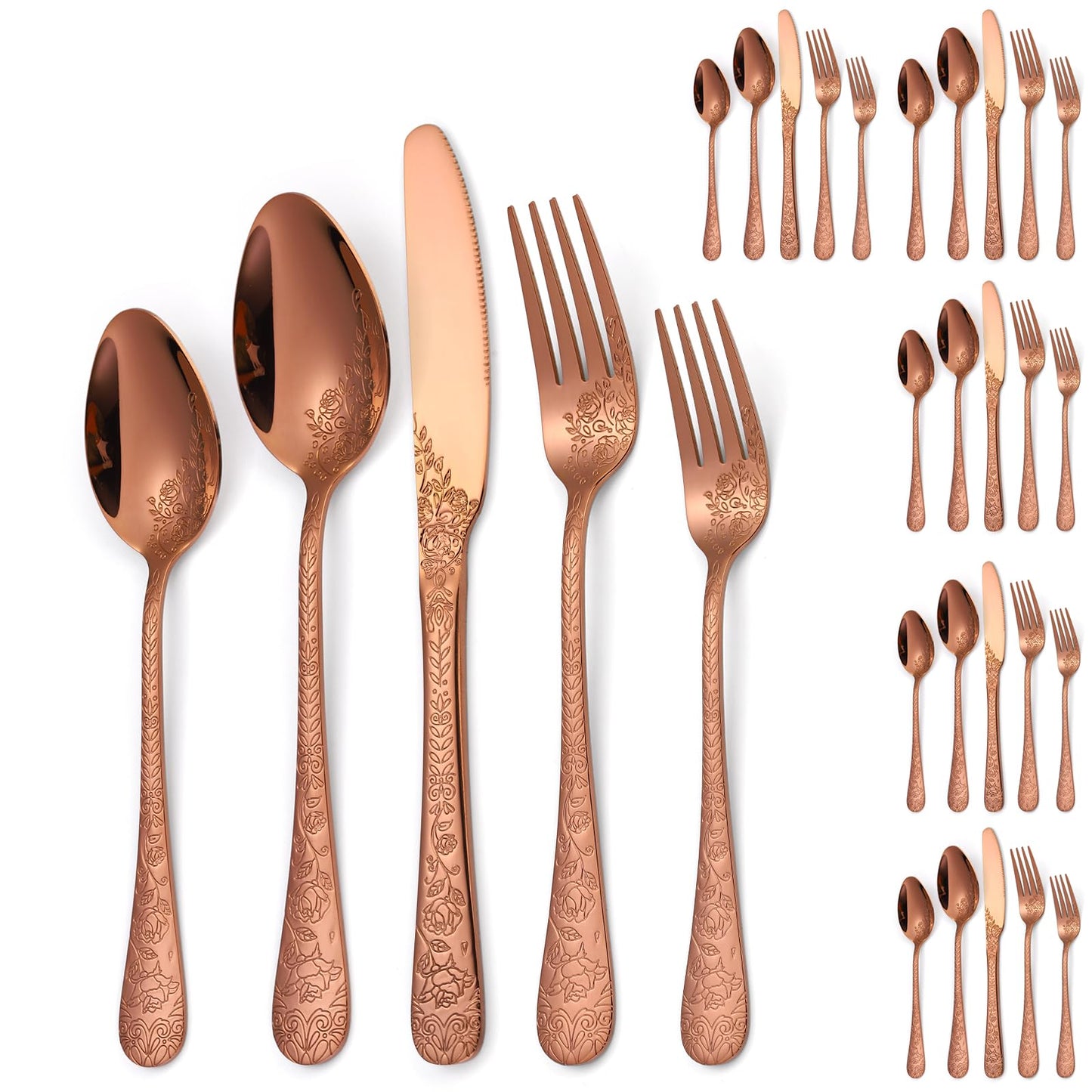A · HOUSEWARE Vintage Flatware Copper/Rose Gold Floral Silverware 30 Piece Stainless Steel Set for 6 Cutlery Utensils Unique Embossed Pattern Design Elegant Home Kitchen Restaurant Festival Parties…